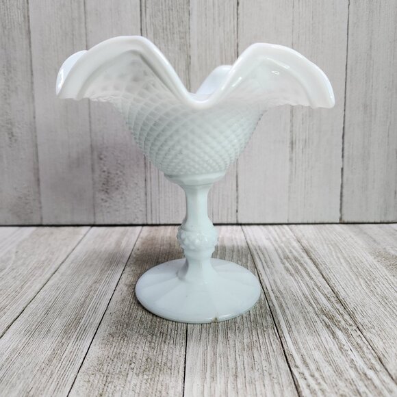 Vtg Light Blue Tone Milk Glass Compote Candy Dish Hobnail Ruffled Pedestal 6'' - Picture 1 of 8